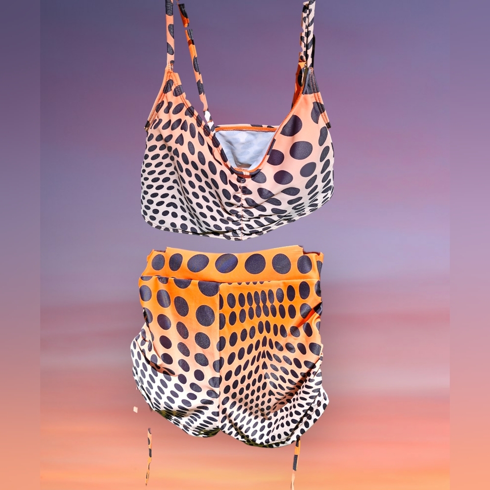 Cupshe Swim Two Piece Orange Black Polka Dot High Waist Bikini Size Small NWT